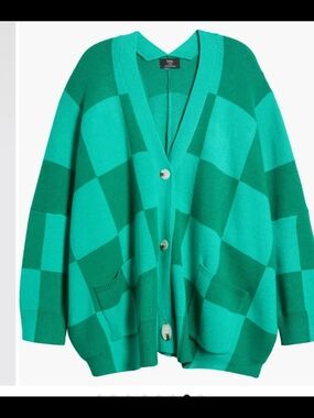 ISO: Dressed in LALA Teal and Emerald Checkerboard Oversized V-Neck Cardigan